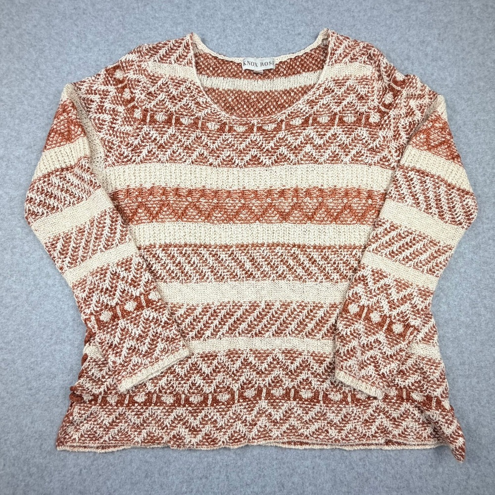 Knox Rose Womens XL Terracotta Orange Cream Open Knit Boho Pullover Sweater